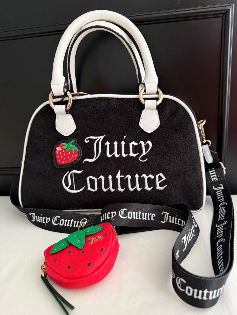 Juicy Couture Black & White Logo Satchel with Red Strawberry Charm